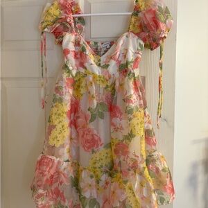 Olivaceous Floral Puff Sleeve Dress - Pink, Yellow, Green